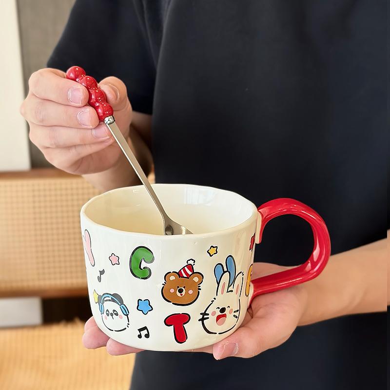 

Кружка 450 мл с мультяшным животным для девочек, милая керамическая чашка для молока и легкого завтрака без крышки, детская, с ложкой, большой вместимости, подарок на день рождения 450ml