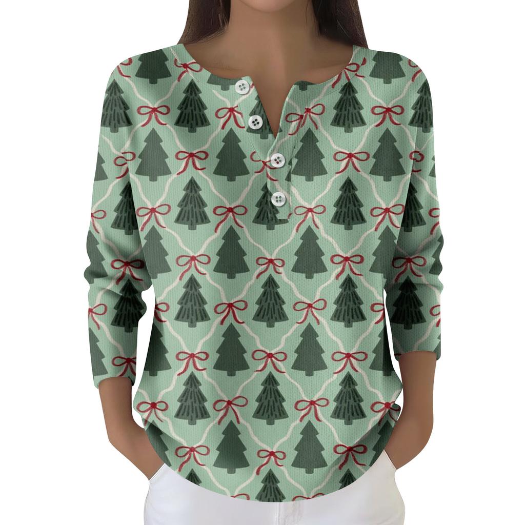 Women's Fashion Long Sleeve Christmas Snowflake Print Top Elegant Casual Top