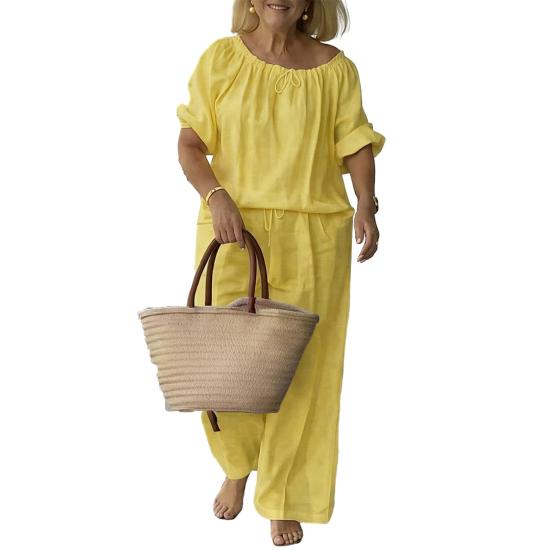 Summer Cotton Linen 2 Piece Outfits for Women Casual Short Sleeve Drawstring Crew Neck Top And Wide-Leg Pants Lounge Matching Set