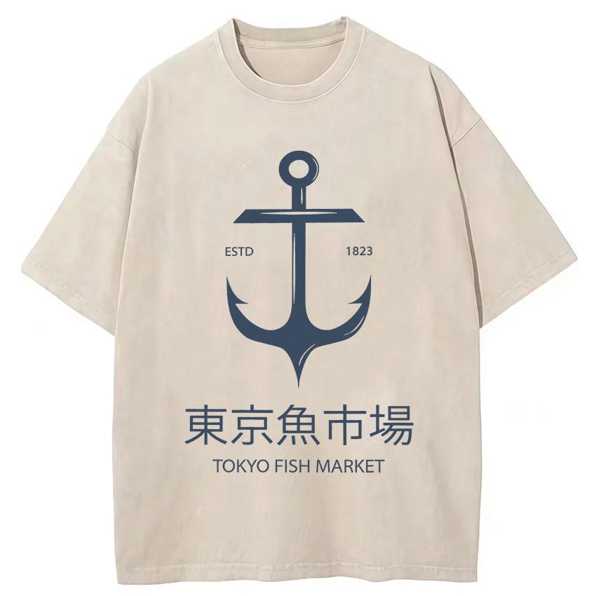 Japanese Funny Tsukiji Fish Market Vintage Washed T Shirt Unisexs Fans Gift Summer Cotton Short Sleeve Tshirts Unisex Streetwear S
