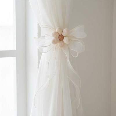 Pink Tulip Bow Curtain Tieback Organza Material Tassel Design Curtain Holdback Pearl Beaded Lace Pattern Decorative Curtain Ties