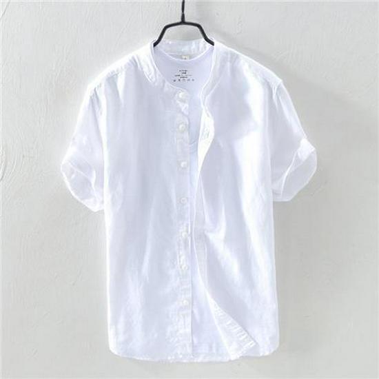 Men's Short Sleeve Stand Collar White Linen Shirt - Lightweight, Breathable, Casual, and Fresh.
