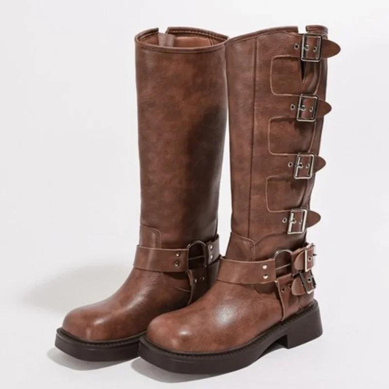 2024 New Hot Selling Knee High High Heels Low Heel Trend Punk Goth New Rock Leather Fashion Women's Boots Motorcycle Shoes