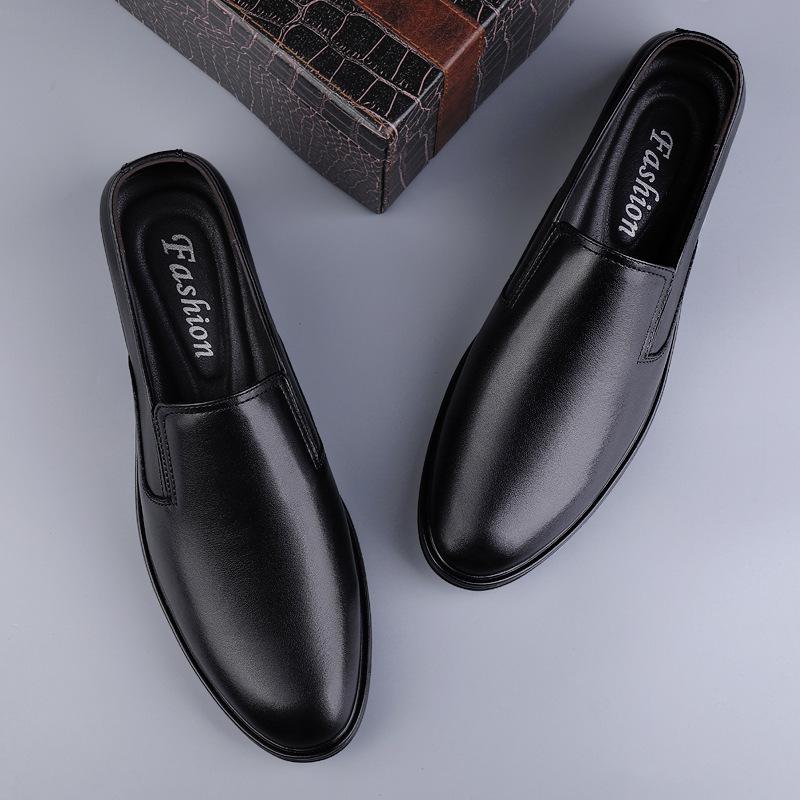 Men's Shoes Embossed Men's First Layer Cowhide Business Dress Leather Shoes Round Head Casual Shoes Spring Foot Lazy Shoes
