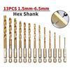 13-Piece Titanium Hex Shank Drill Bit Set (1.5-6.5mm) for Electric Screwdrivers, 1/4" Shank (6.35mm)