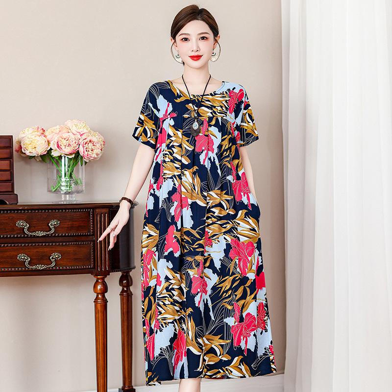 2 Neues hochwertiges florales Baumwoll-Seiden-Kleid für Damen-Sommer-Temperament, Bauchbedeckung für Mütter, große Größe künstliche Baumwolle langer Rock