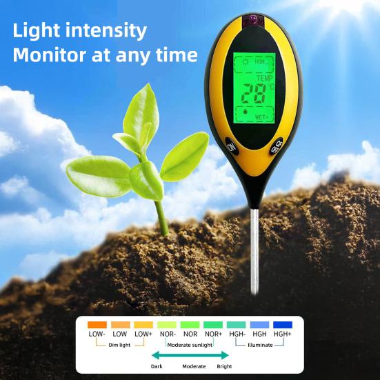 4-in-1 Soil Tester Digital Display Soil Moisture Sunlight PH Temperature Tester Long Probe Soil Tester for Garden Lawn Farm Greenhouse Plant Care