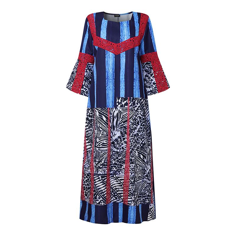 Plus Size Women 3/4 Sleeve Floral Striped Print Casual Loose Long Maxi Kaftan Dress