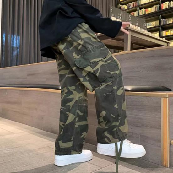 Men Baggy Pants Camouflage Multiple Pockets Elastic Waist Ankle Tied Streetwear Spring Autumn Hip Hop Loose Trouser for Sports