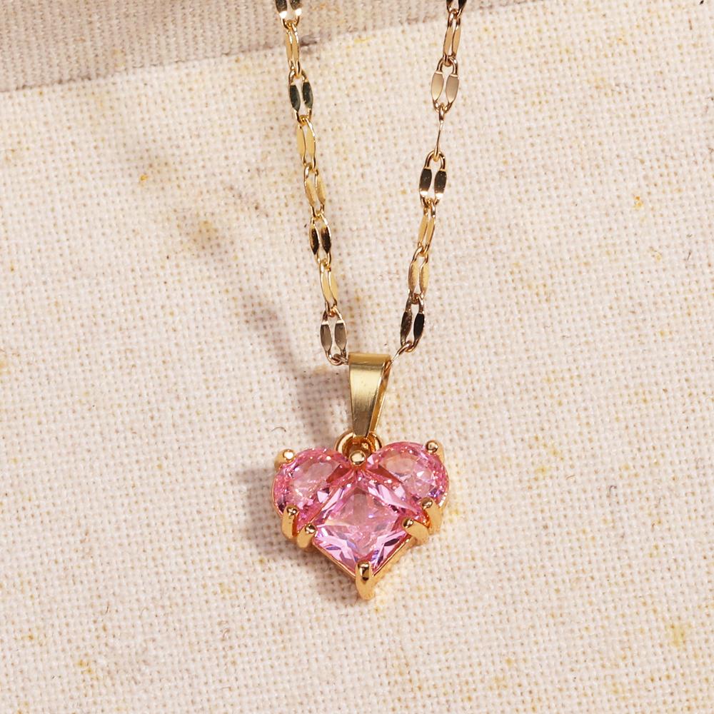 Shiny Gold Color Stainless Steel Y2K Jewelry Love Pink Heart Exquisite Fashion Niche Necklace Wedding Clavicle Chain Gift