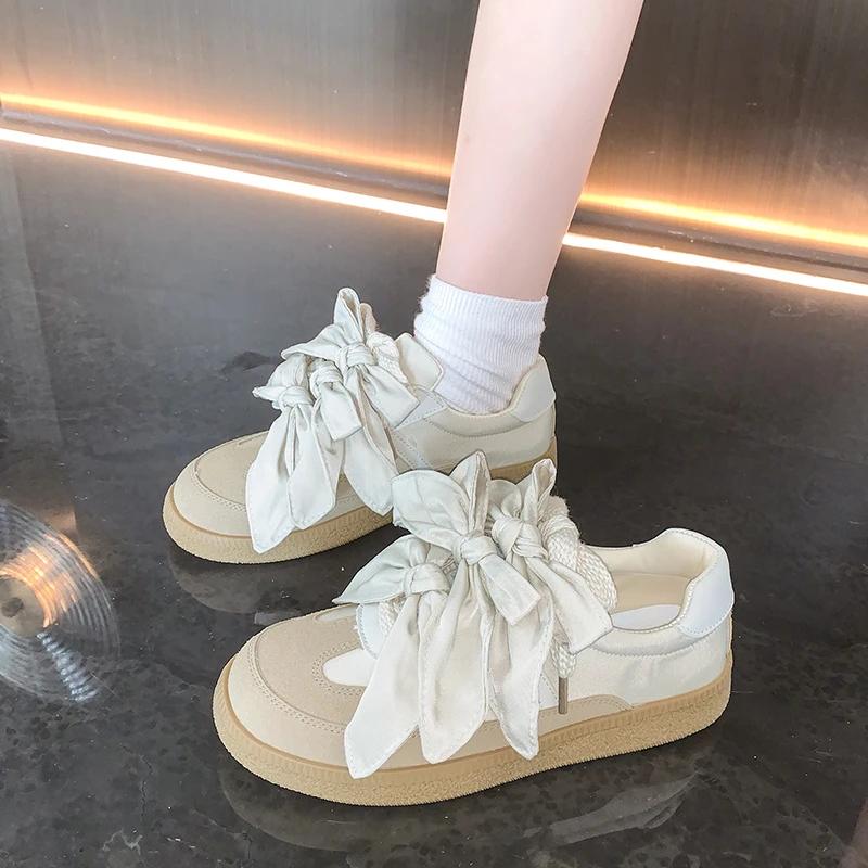Fashion Women's Vulcanize Shoes Flat Sole Bow Lace-up Forrest Gump Shoes Leisure Spring Autumn New Retro Suede Sweet Zapatillas De Mujer