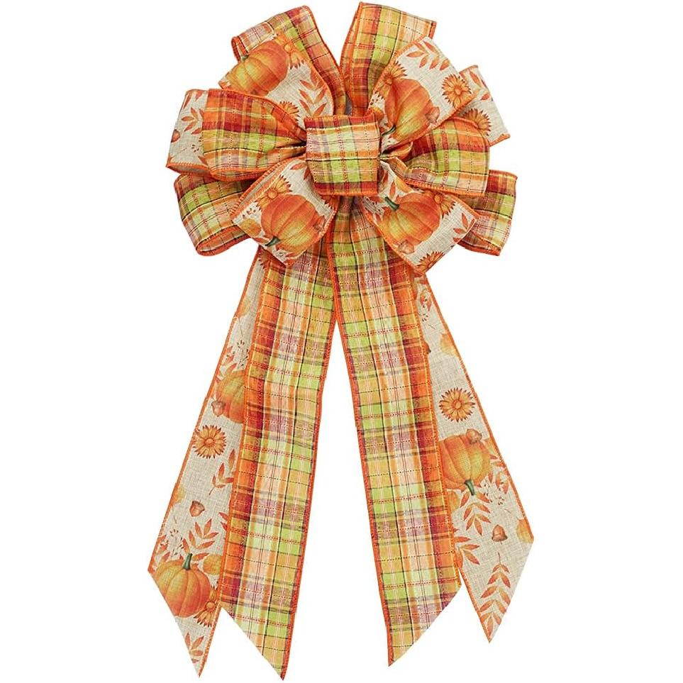 Large Fall Plaid Bow for Wreath, Autumn Thanksgiving Bow for Front Door Indoor Outdoor Wall Decoration Supplies Ornaments