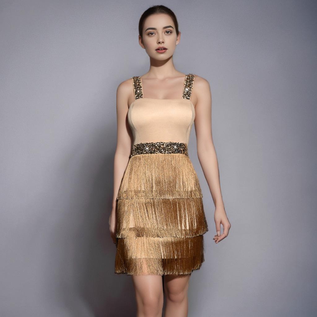 Color Block Sequin Tassel Mini Cocktail Dress