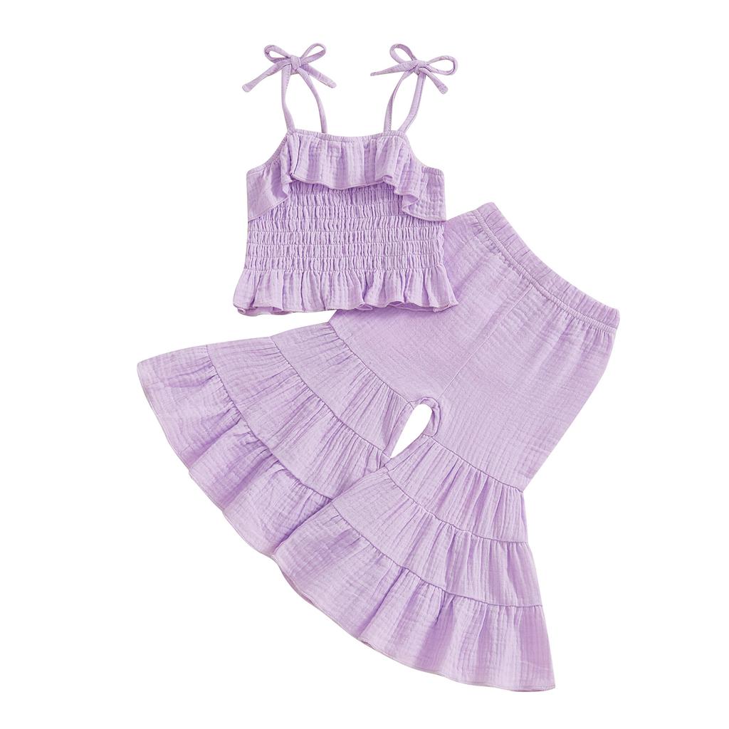 Citgeett Summer Kids Toddler Girl Outfits Set Sleeveless Strap Camisole Elastic Waistband Flare Pants Solid Color Outfits