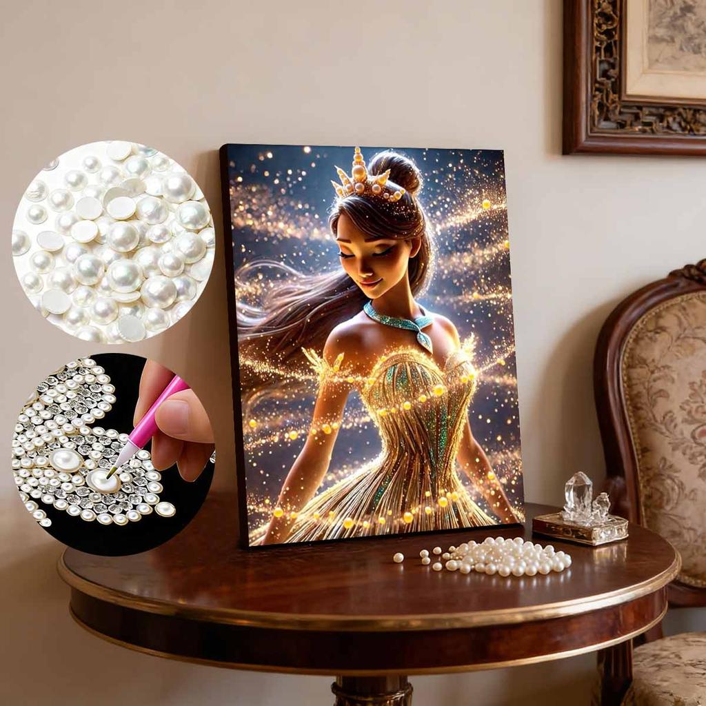 Disney Princess and The Frog Princess Tiana Golden Crown Pearl Painting Starlight Gold Glowing Dress Emerald Necklace Theme Unframed Art Painting