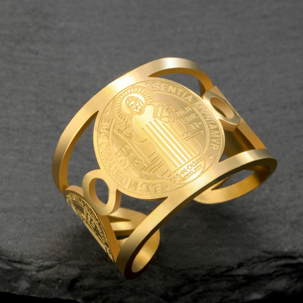 Stainless Steel Religious Adjustable Ring for Men Catholic Christian Faith Amulet Saint Benedict of Nursia Finger Rings Jewelry