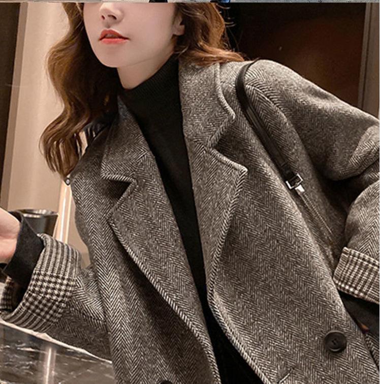 British Style Gray Coffee Suit Woolen Coat Women's Autumn and Winter Thick Loose Casual Suit