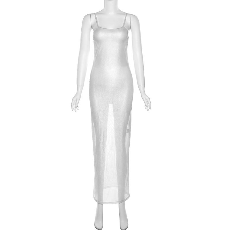 European and American Women's Clothing 2024 Spring/Summer New Arrival Fashion Sexy Sexy See-through Mesh Hot Silver Silm Sling Dress