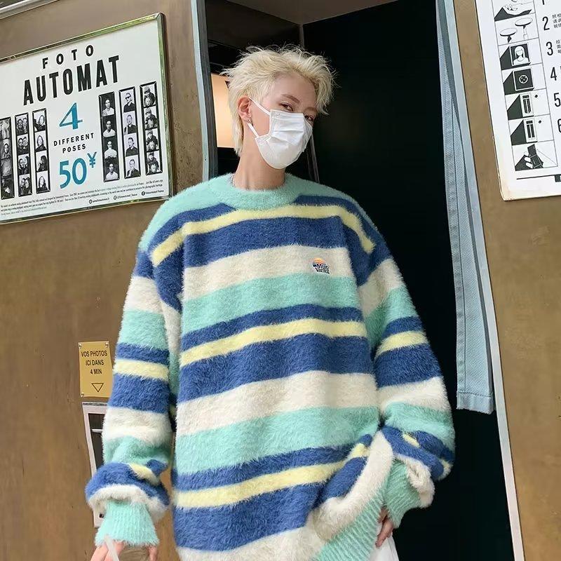 Comfortable Striped Crew Neck Sweater Men's Autumn and Winter Mink Hair Loose Versatile Lazy Wind Couple Warm Knitted Thread