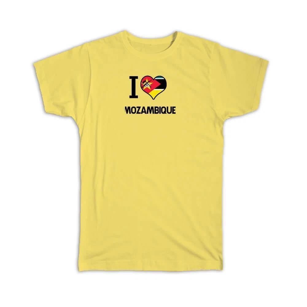 Gift T-Shirt : I Love Mozambique Flag Heart Country Crest Mozambican Expat XL
