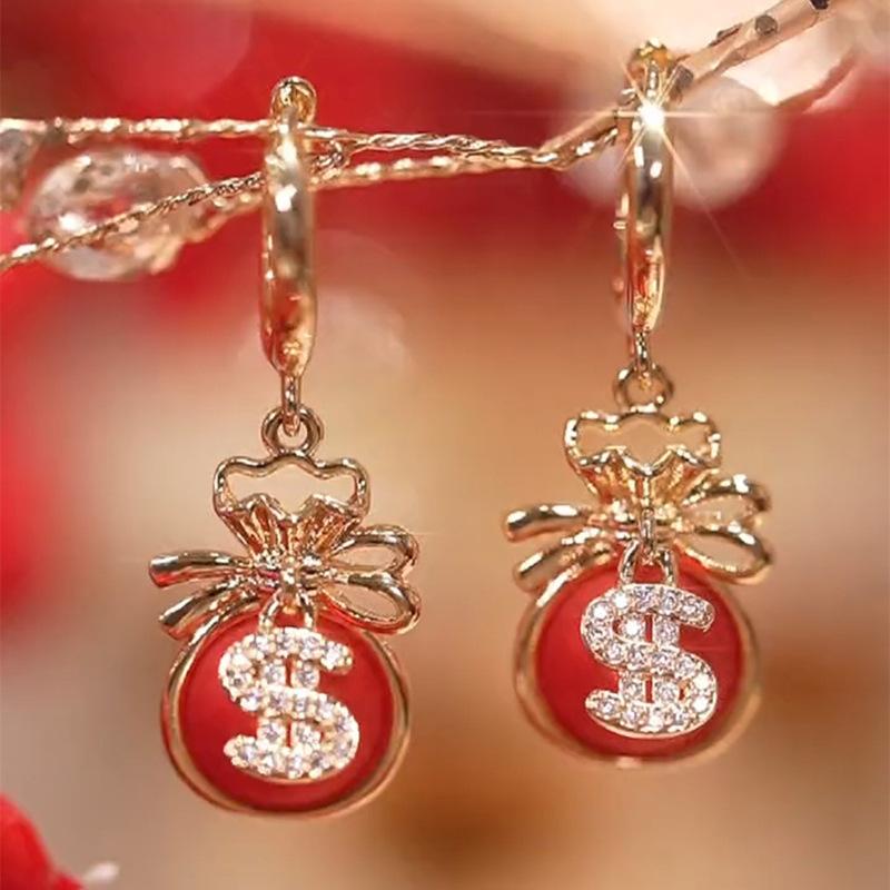 Temperament New Year s red lucky money bag earrings for women, new versatile earrings, Chinese style lucky bag earrings.