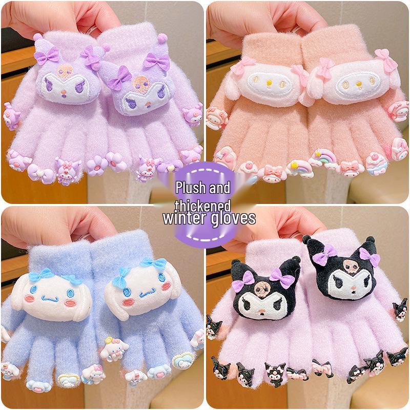 Kuromi Winter 2025 Unisex Kids' Nail Art Anti-Freeze Gloves - Thickened Five-Finger Design