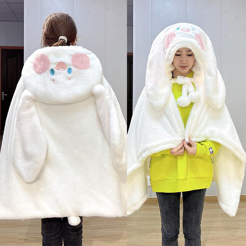 

Cartoon Rabbit & Fox Hooded Cloak Blanket for Women - Cozy Autumn/Winter Office Nap Shawl 80*100cm 0.85kg (No Gloves)