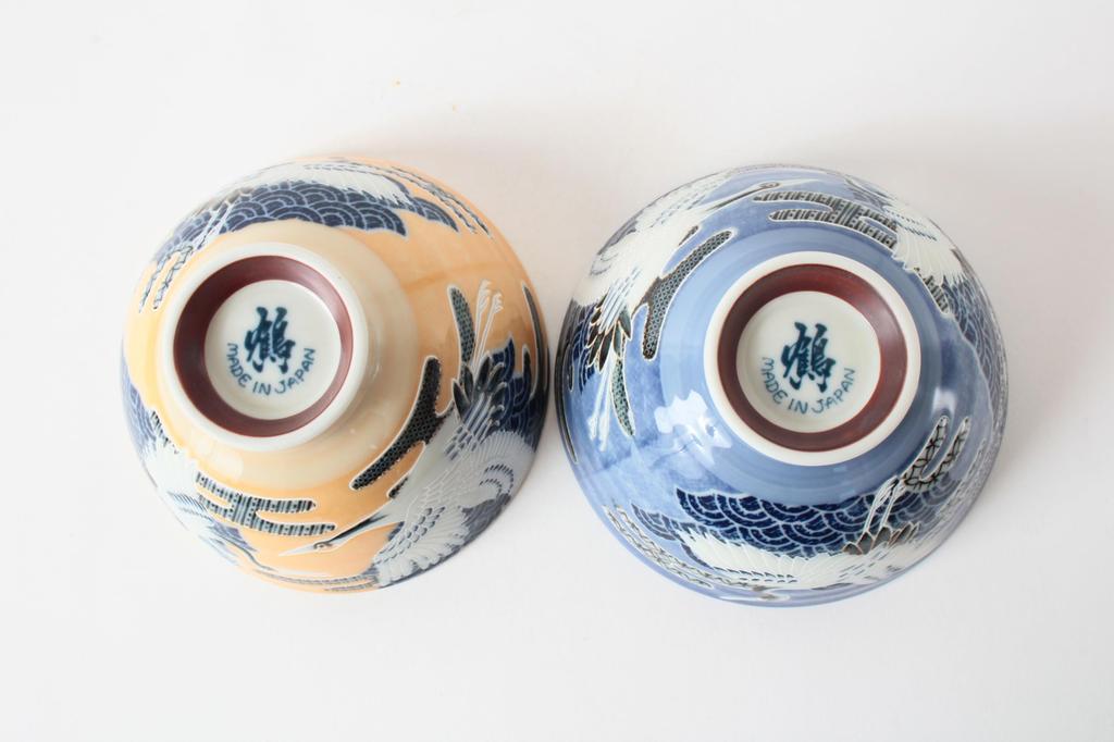 Mino Ware Pair of Rice Set of Made in Crane Blue MIG013 Bowls, 2, Medium-Sized, Japan, Design, & Orange,