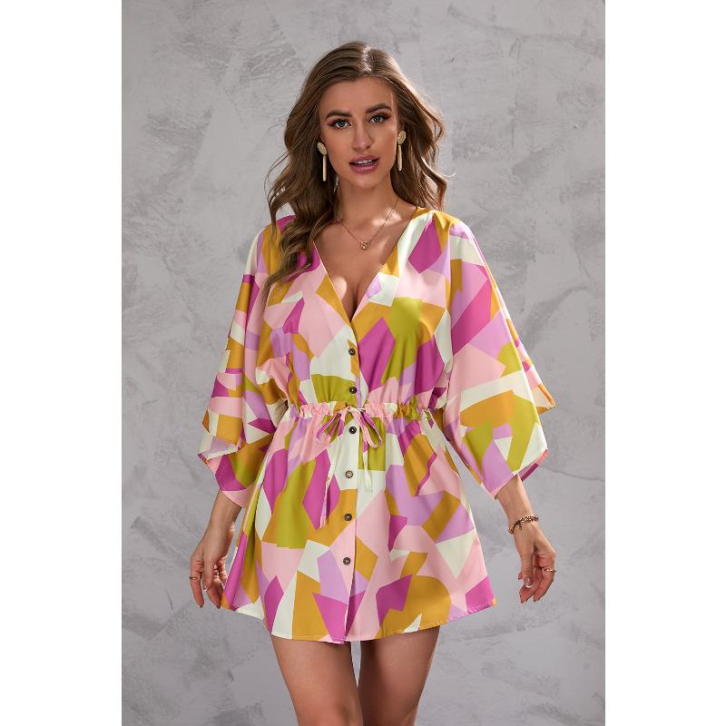 

Женское летнее платье с принтом листьев и пятью рукавами XXL