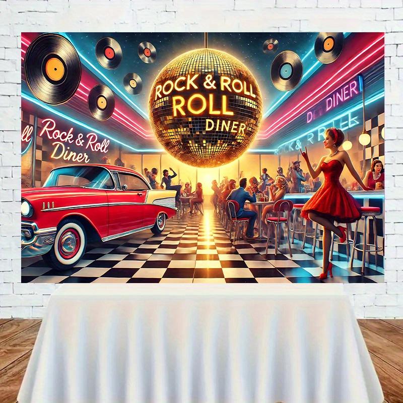 1 Piece of 2D Flat Banner  Mini Rock Theme 2D Background  Neon Lights Vintage Cars and Vinyl Records Design
