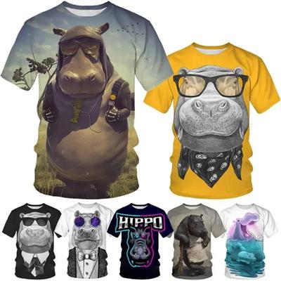 3D Cool Hippo Graphic Tee Shirts Volldruck Herren Lustiges Hippo Potamus T-Shirt Kurzarm Plus Size Tier T-Shirt Streetwear
