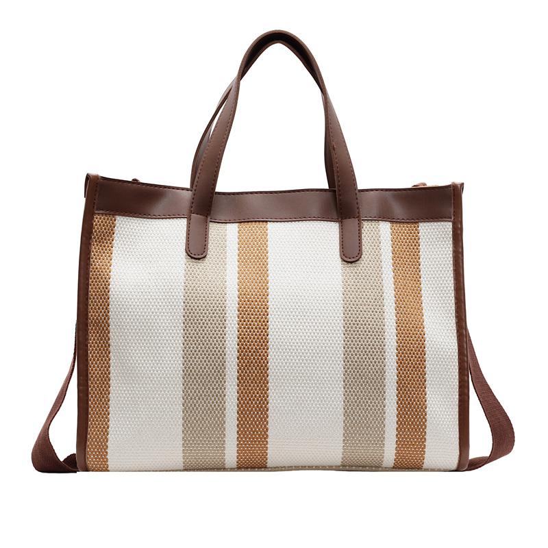 Large Capacity Canvas Bag Hand Carrying Student Class Crossbody Bag Striped Contrast Tote Bag