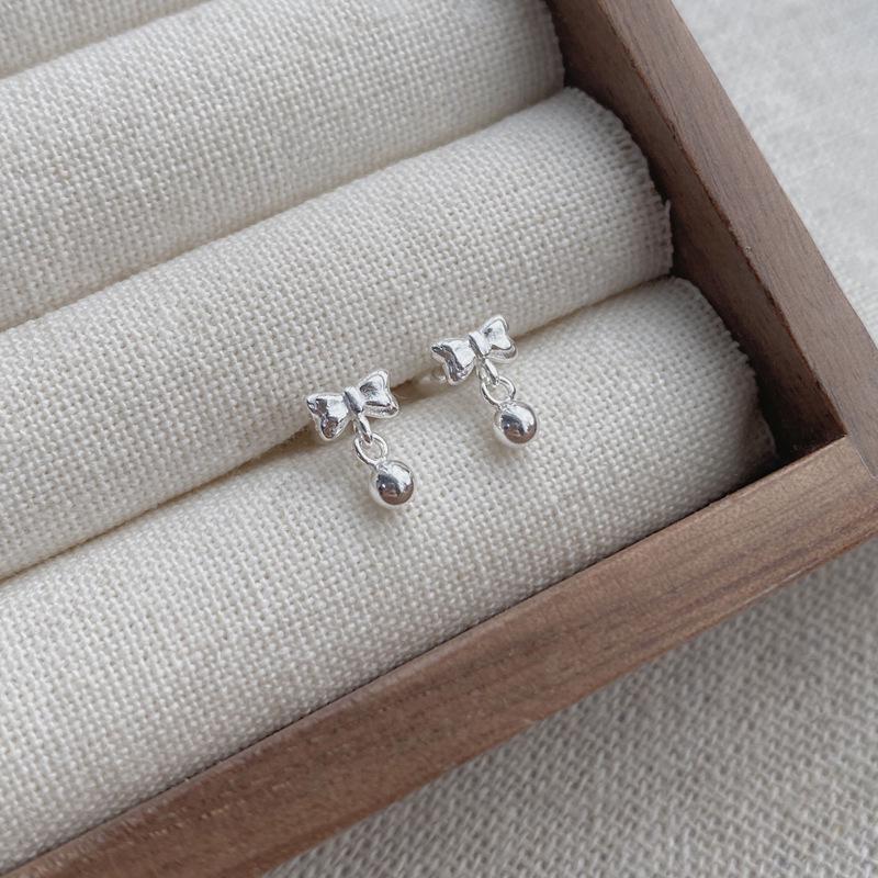 S999 Sterling Silver Small Bow Bead Stud Earrings for Women - Simple, Sweet Jewelry