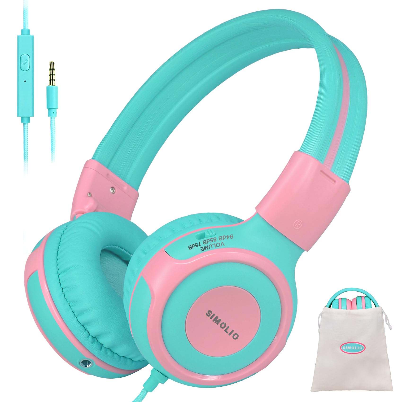 

SIMOLIO Kids Headphones with Microphone, 75dB, 85dB, 94dB Volume Limiting, Share Port, Children s Headphones for Tablets, iPads, Kindles, and