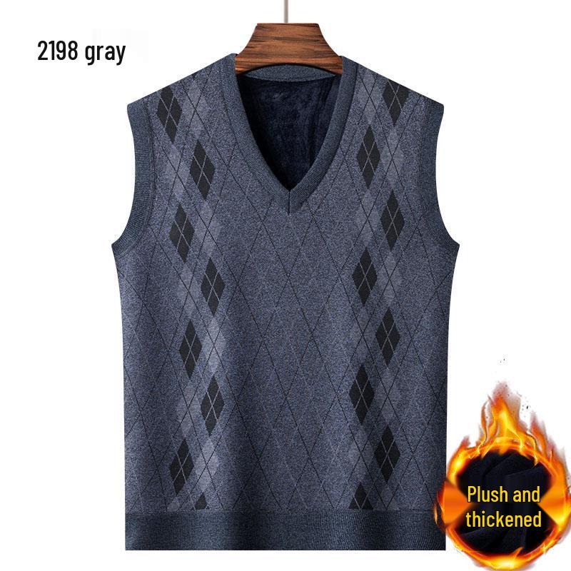 Dad's Fleece-Lined Sweater Vest: Warm Knitted Base Layer for Middle-aged and Elderly Men in Autumn and Winter.