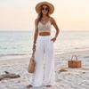 Women's Color Wide Leg Pants with Lace Pockets - Casual Loose Fit Drawstring Elastic Waist Trousers
