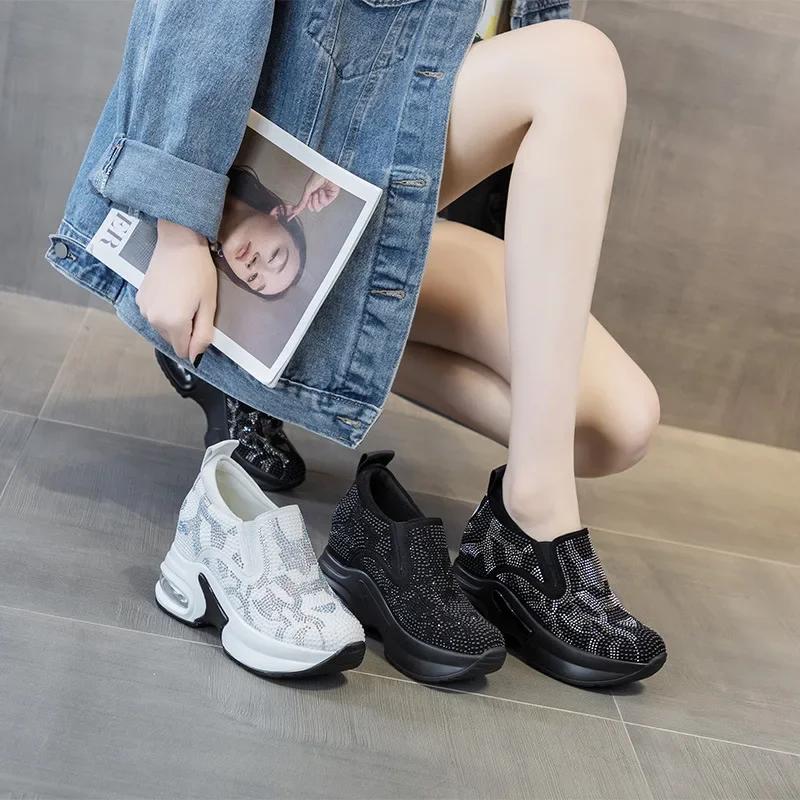 Fashion 2025 New Women's Casual Shoes with Increased Height Inside Thick-Soled Diamond Sports Running Shoes, White Sneakers and Wedges