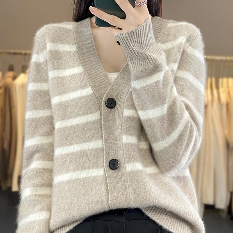 Striped Wool Cardigan for Women In Autumn and Winter Style, Fashionable Loose and Versatile Cashmere Jacket, Skin-friendly and Warm Top