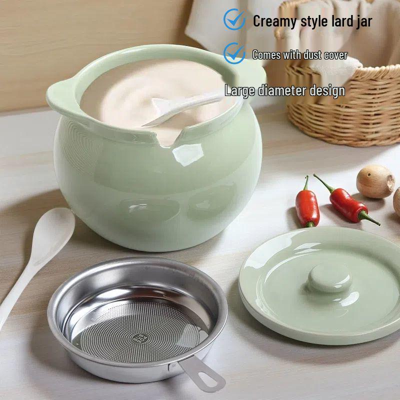 Ceramic Double-Handled Lard Jar with Lid - High-Temperature Resistant Kitchen Oil Storage Pot