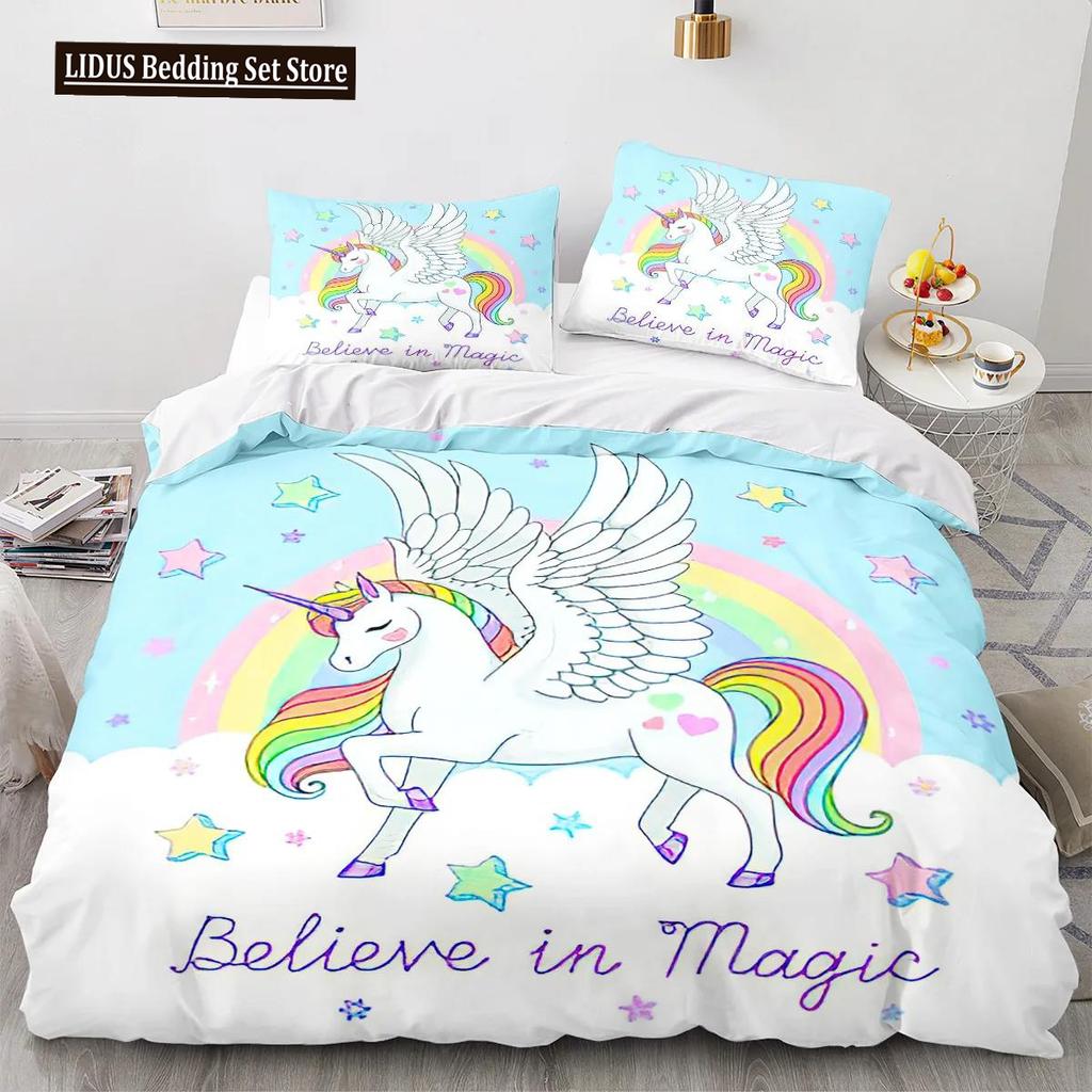 Cartoon Unicorn Duvet Cover King Queen Lovely White Mythical Animal Bedding Set Kids Girl Colorful Rainbow Polyester Quilt Cover