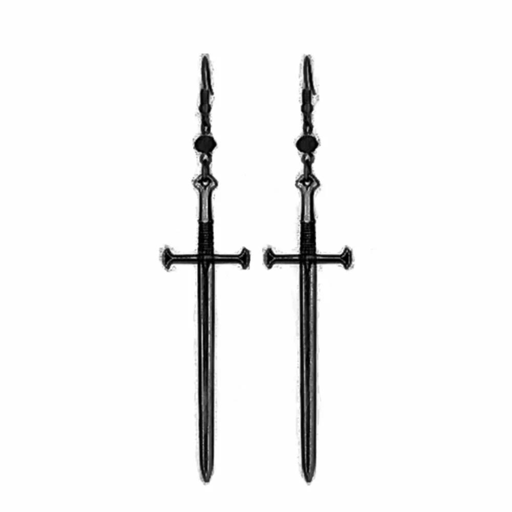 Punk Personality Black Multi-faceted Round Beads Silver Color Long Sword Cross Dangle Earrings for Women Men Gothic Jewelry Gift