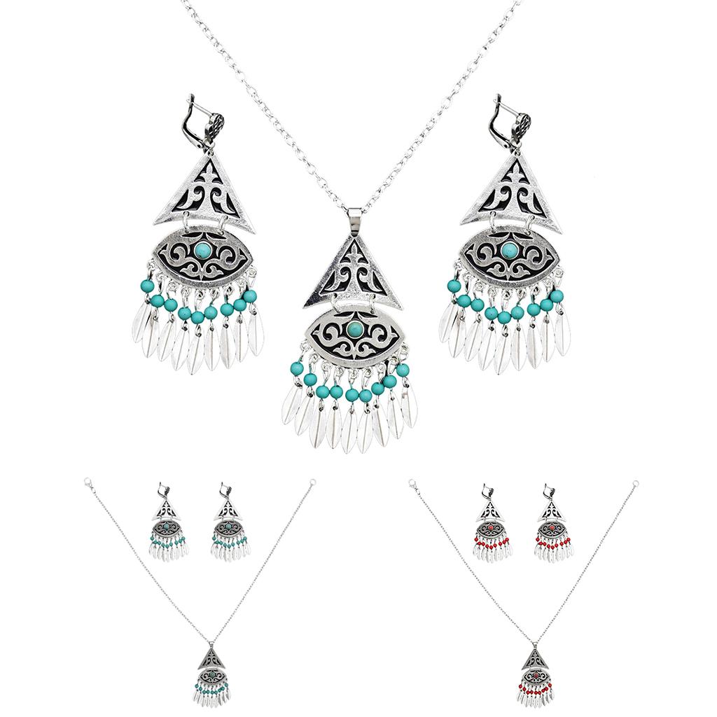 Women's Vintage Bohemian Style Tassel Hook Earrings and Necklace Jewelry Set 74GR