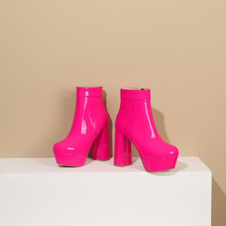 Jasná lakovaná kůže Růžové červené boty Ženy Robustní podpatky Platforma Goth boty Růžová Béžová Boty na vysokém podpatku 43