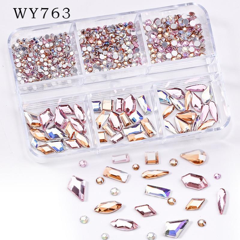 

6 Відділень/Коробка Мікс Стразів для Нейл-Арту Різної Форми 3D Кришталеве Скло для Нігтів Насип Діамант AB з Плоским Дном Декорація для Манікюру