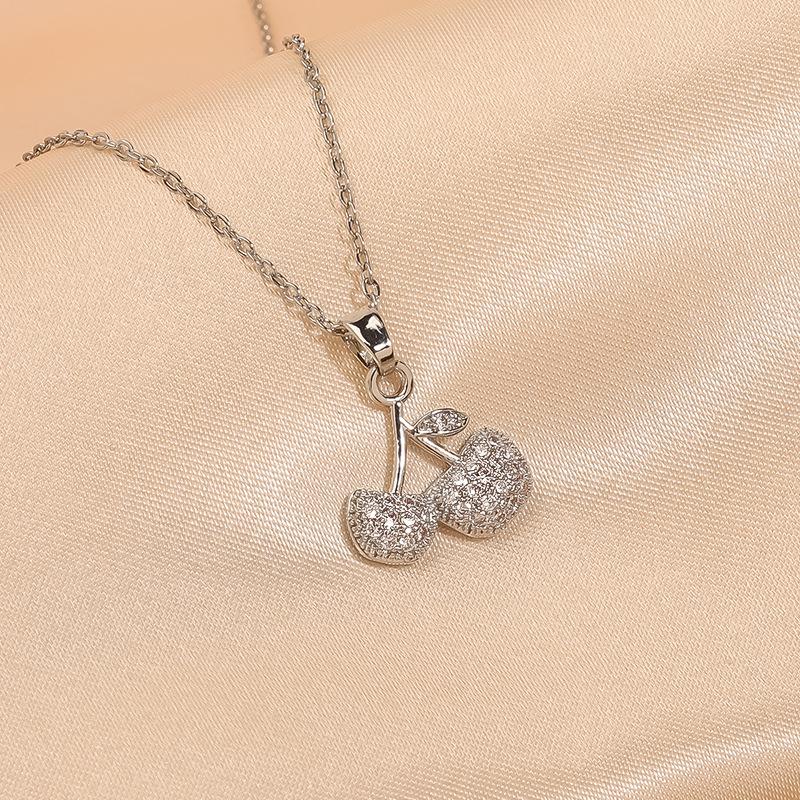 Women s Luxury Zircon Cherry Pendant Necklace - Elegant Copper Clavicle Chain