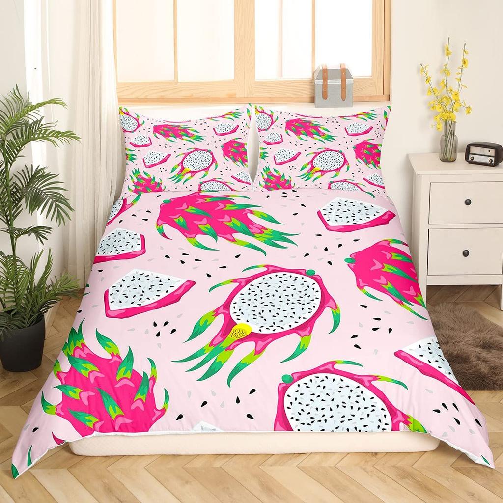 Pitaya Comforter Cover Set Tropical Fruit Theme Duvet Cover Modern Fashion Pink Bedding Set 3pcs for Boys Girls Microfiber Cover