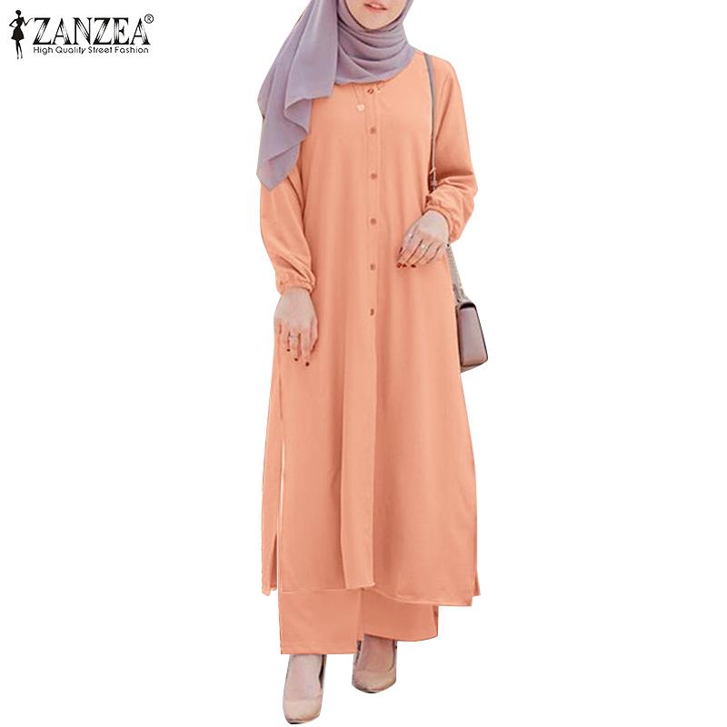 

ZANZEA Ретро наряды, женская длинная блузка и брюки, повседневный костюм из двух предметов