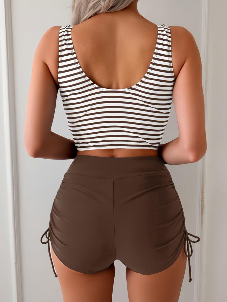 Sexy Drawstring Side High Waist Bikini Set Women Black Stripe Push Up 2 Piece Swimsuit Summer Holiday Bathing Suit