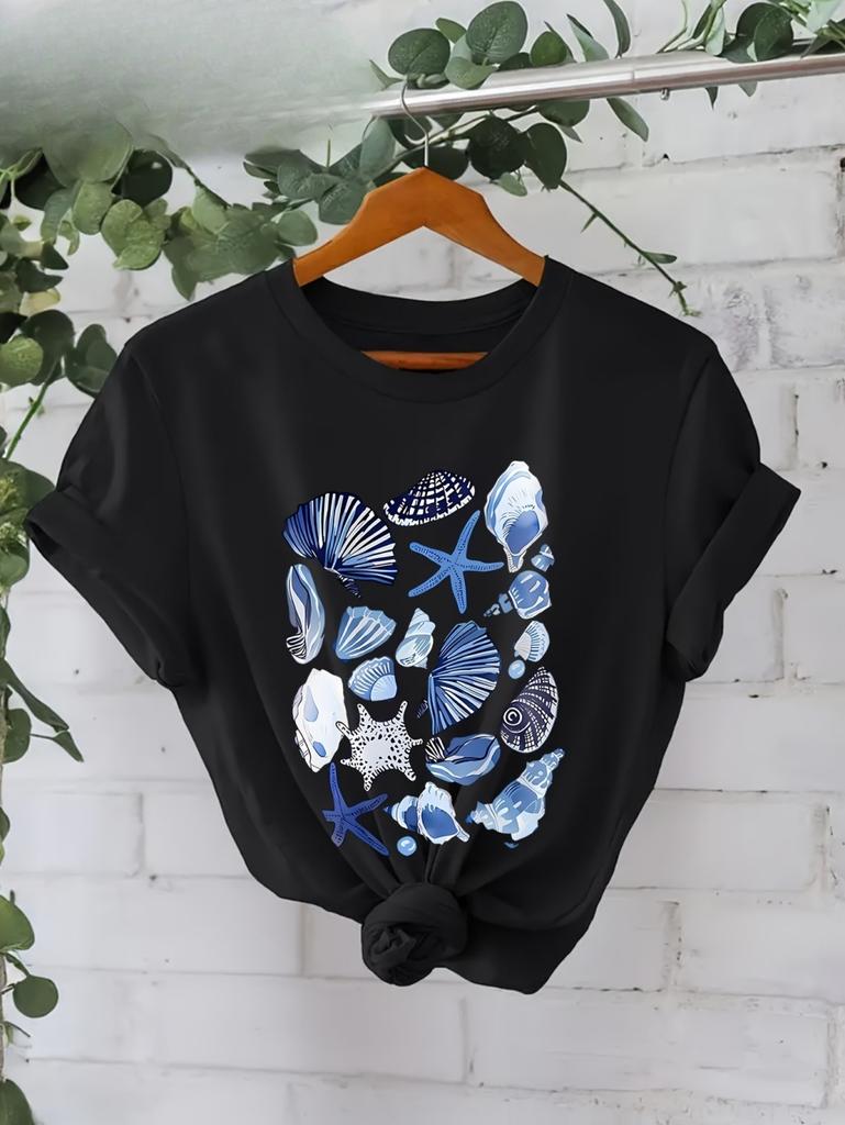 Summer Playful Women's Casual Short Sleeve T-Shirt Shell Print Ocean Style Trendy Tops Hawaii Vacation Outdoor Fit Woman Clothes