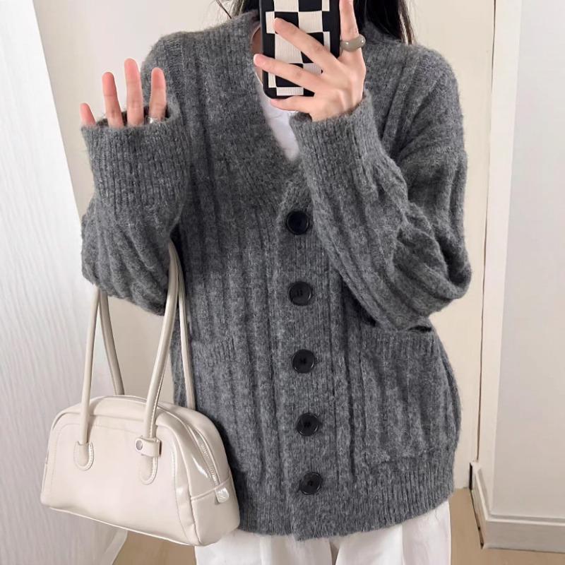Autumn and winter wide and thin high-end medium and long knitted cardigan lazy wind soft waxy thickened v-neck sweater jacket women